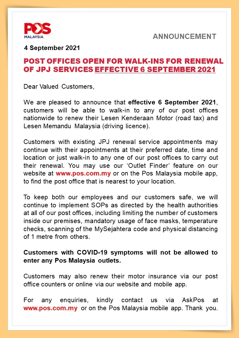 News I POS Malaysia不用预约时间了！9月6日起开放直接Walk-In更新驾照和路税！ 更多热点 图2张