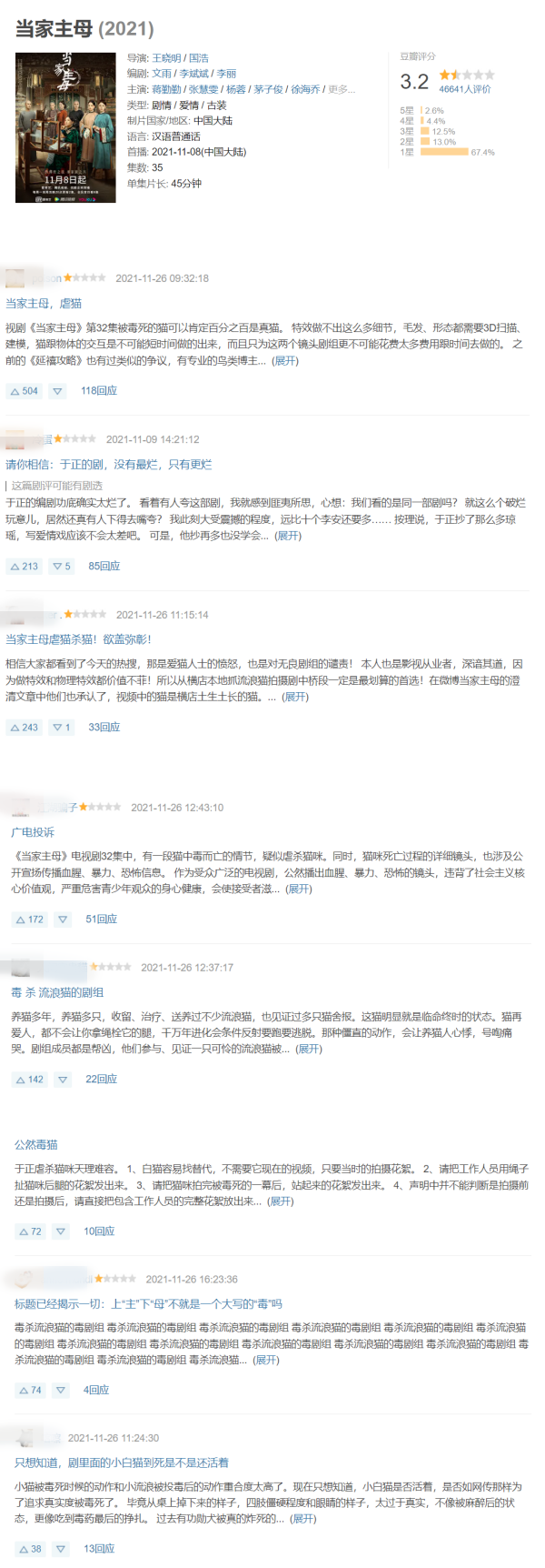 《当家主母》评分暴跌！群演爆：猫早被电击死了 娱乐资讯 图5张