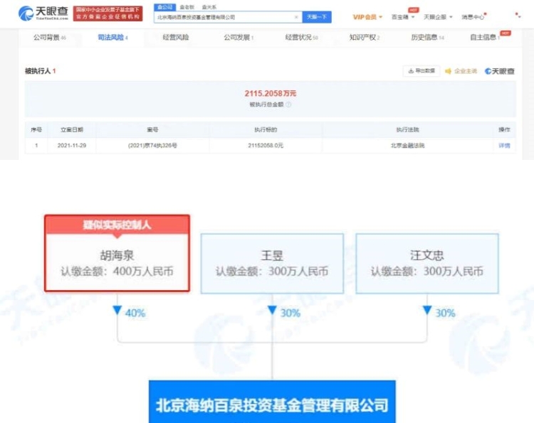 胡海泉也出事！ 公司被强制执行2115万...网傻眼：成老赖了？ 娱乐资讯 图1张