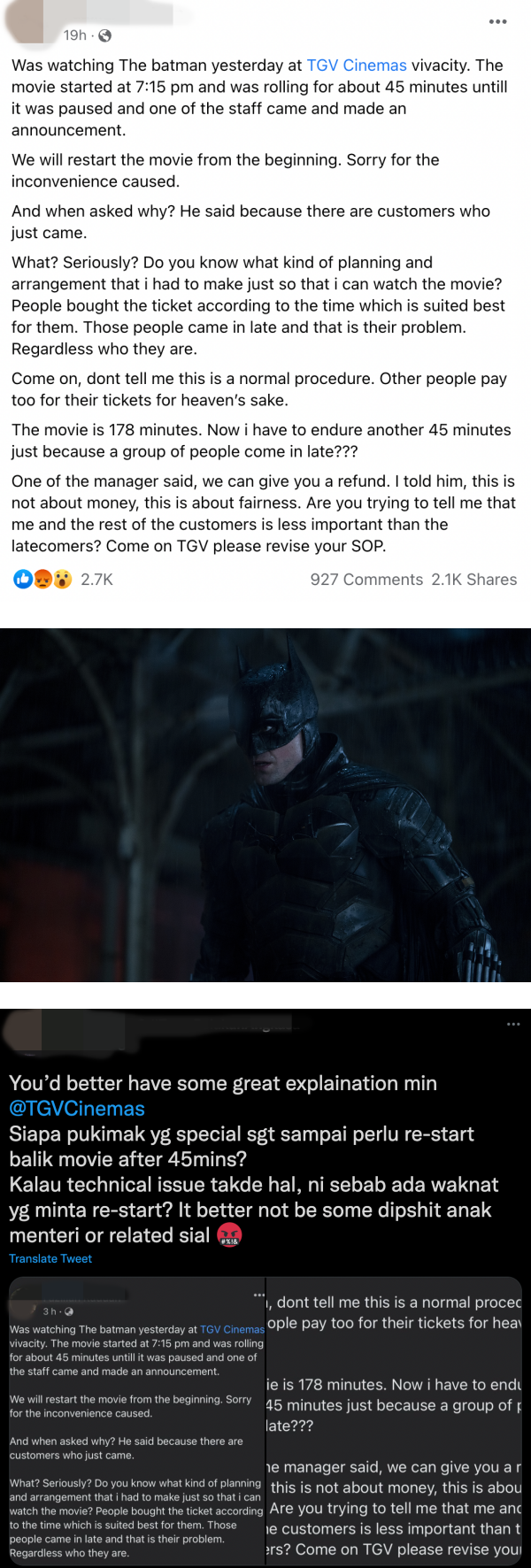 TGV影院为迟到观众重播《The Batman》！网友怒轰：凭什么我要重看45分钟！ 娱乐资讯 图2张