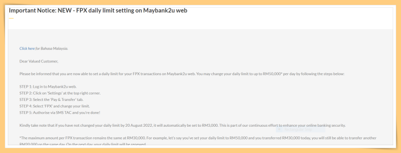 Tips I Maybank用户可设置FPX每日转账上限！只需6个步骤就完成！ 更多热点 图1张