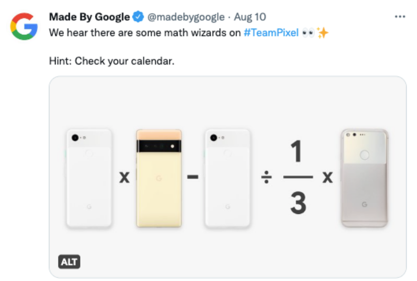 Google 在推特贴出神奇公式！暗示 Google Pixel 7 可能会在９月正式发表？ 数码科技 图2张