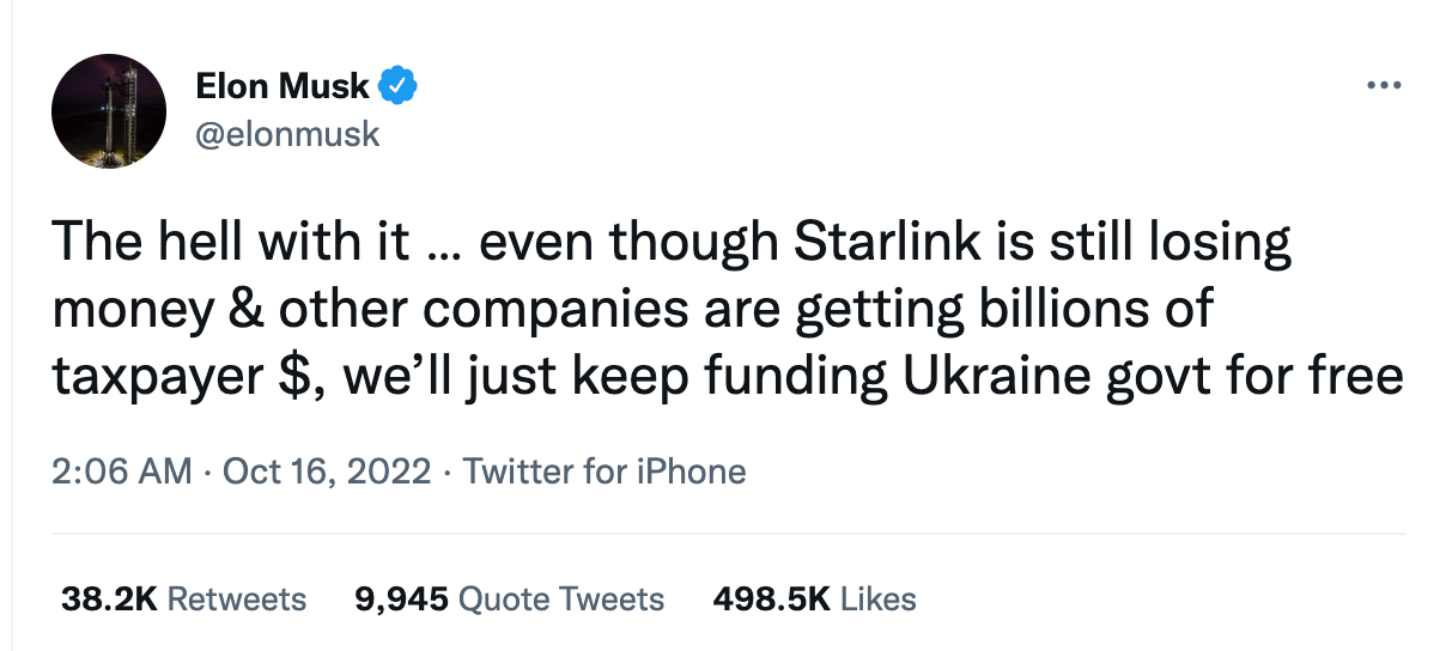 马斯克又改口！Starlink 将继续免费支援乌克兰 但依旧不爽低轨卫星斥资 SpaceX 太多钱 数码科技 图3张