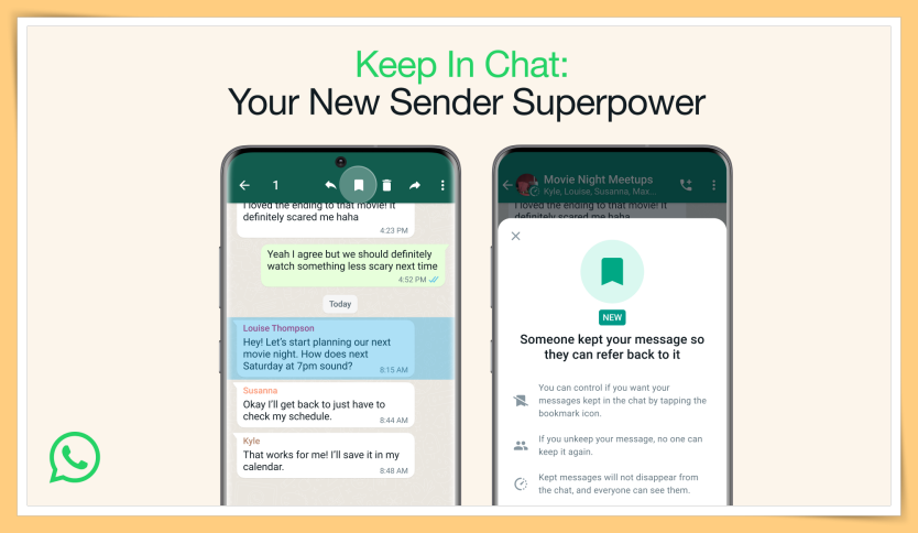科技 I WhatsApp推出Keep In Chat新功能！用户可保存重要的信息！ 更多热点 图2张