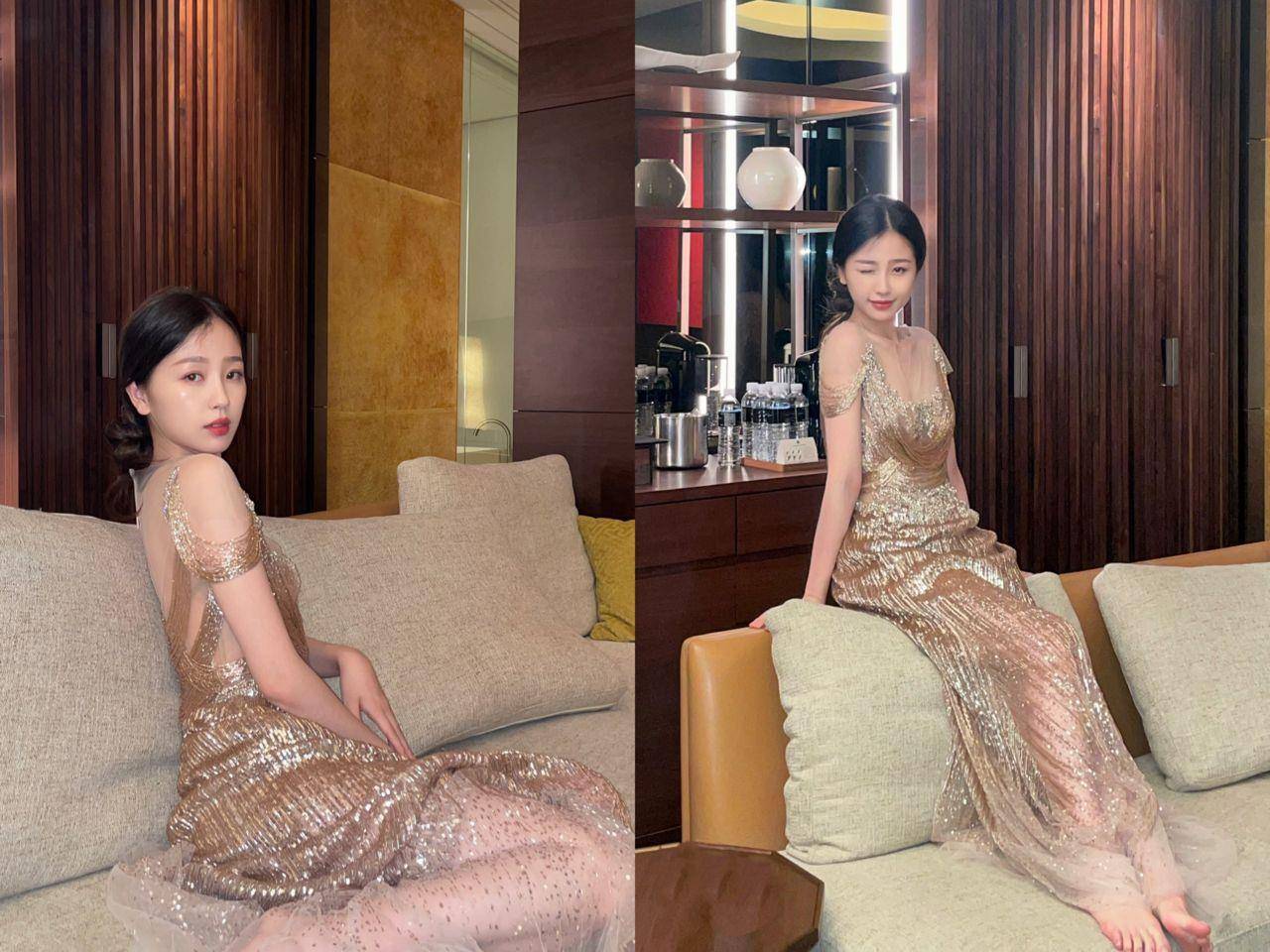虞书欣大U领闪金礼服性感露锁骨　纸片级直角肩大放送 名人名流 图2张