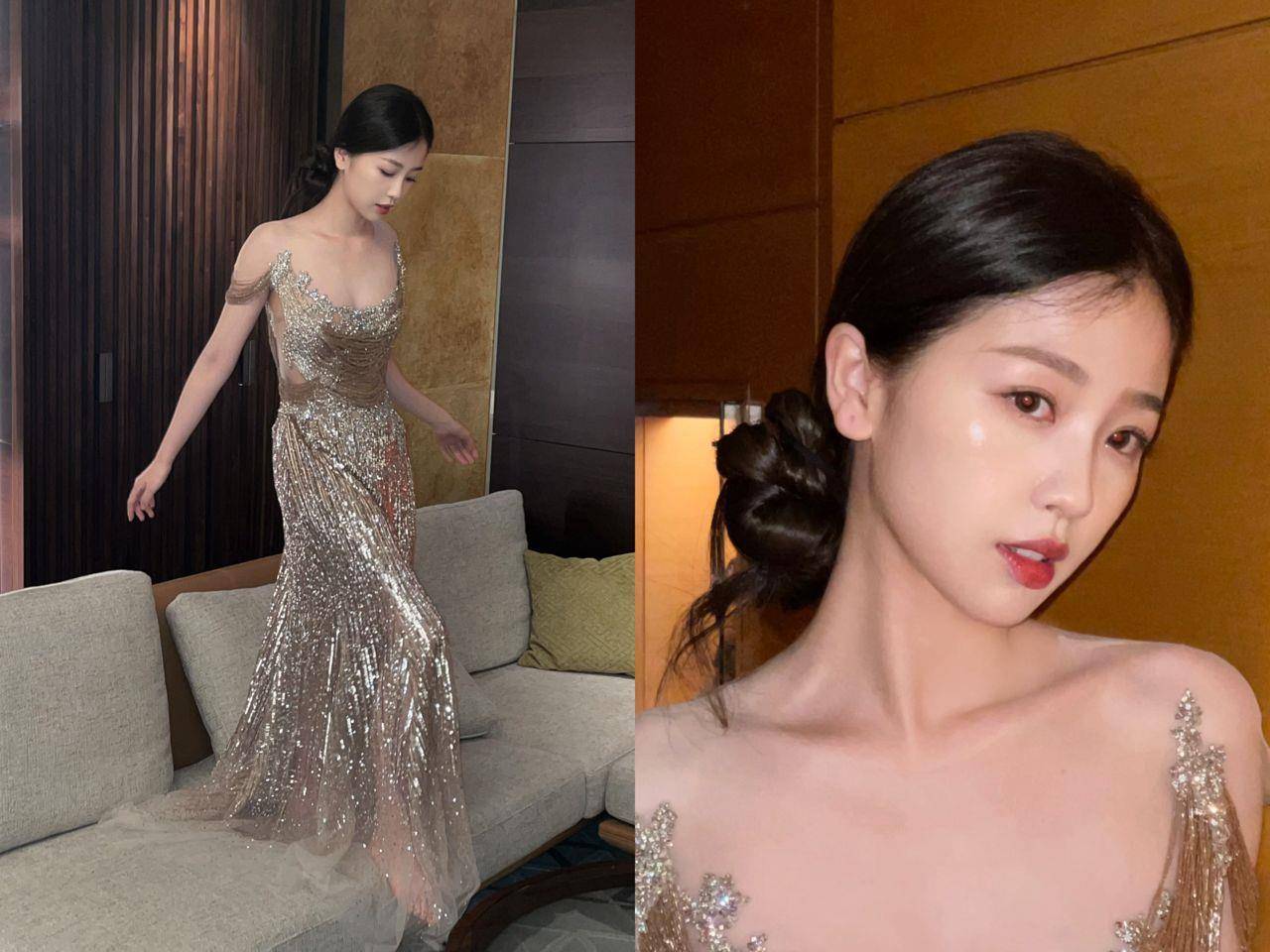 虞书欣大U领闪金礼服性感露锁骨　纸片级直角肩大放送 名人名流 图1张