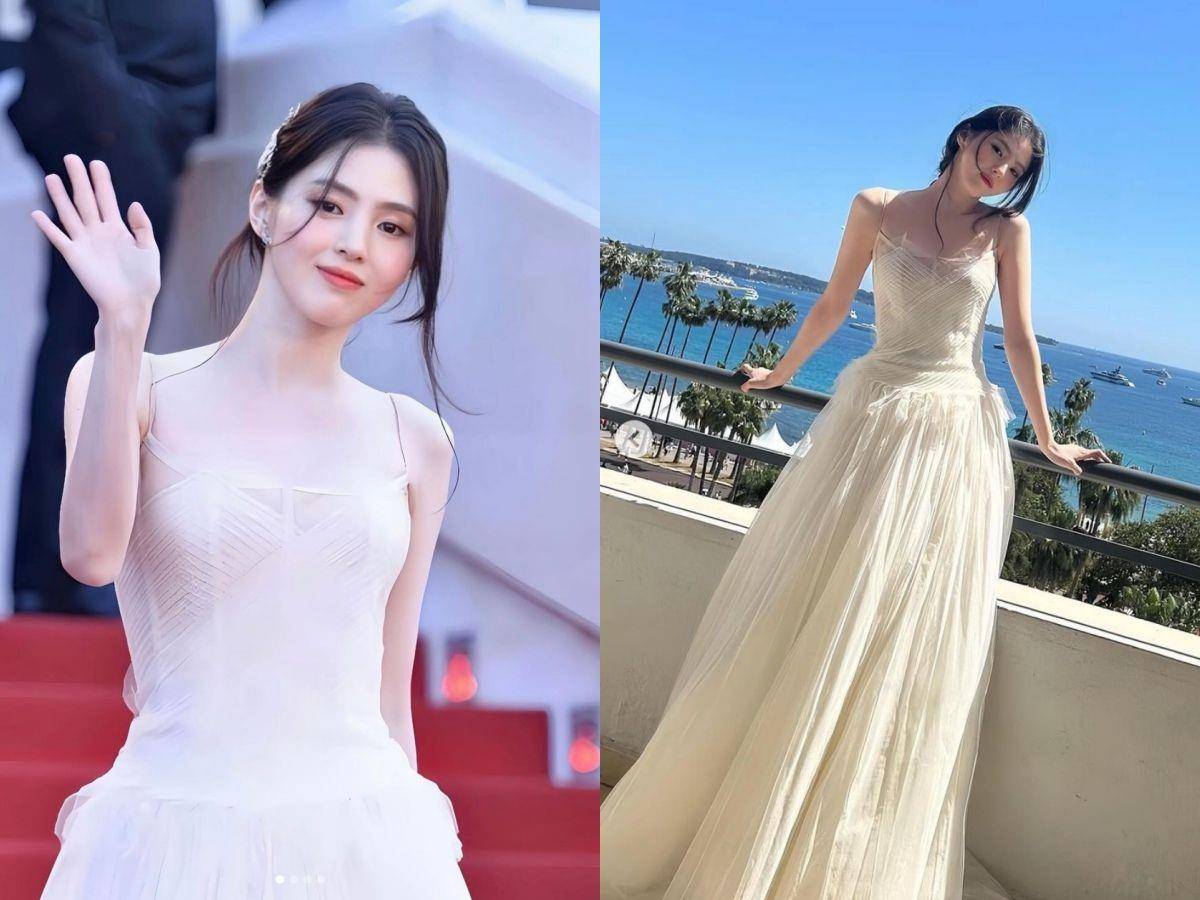韩韶禧坎城红毯穿白纱礼服如仙女下凡！松弛感发型网友看不懂 名人名流 图1张