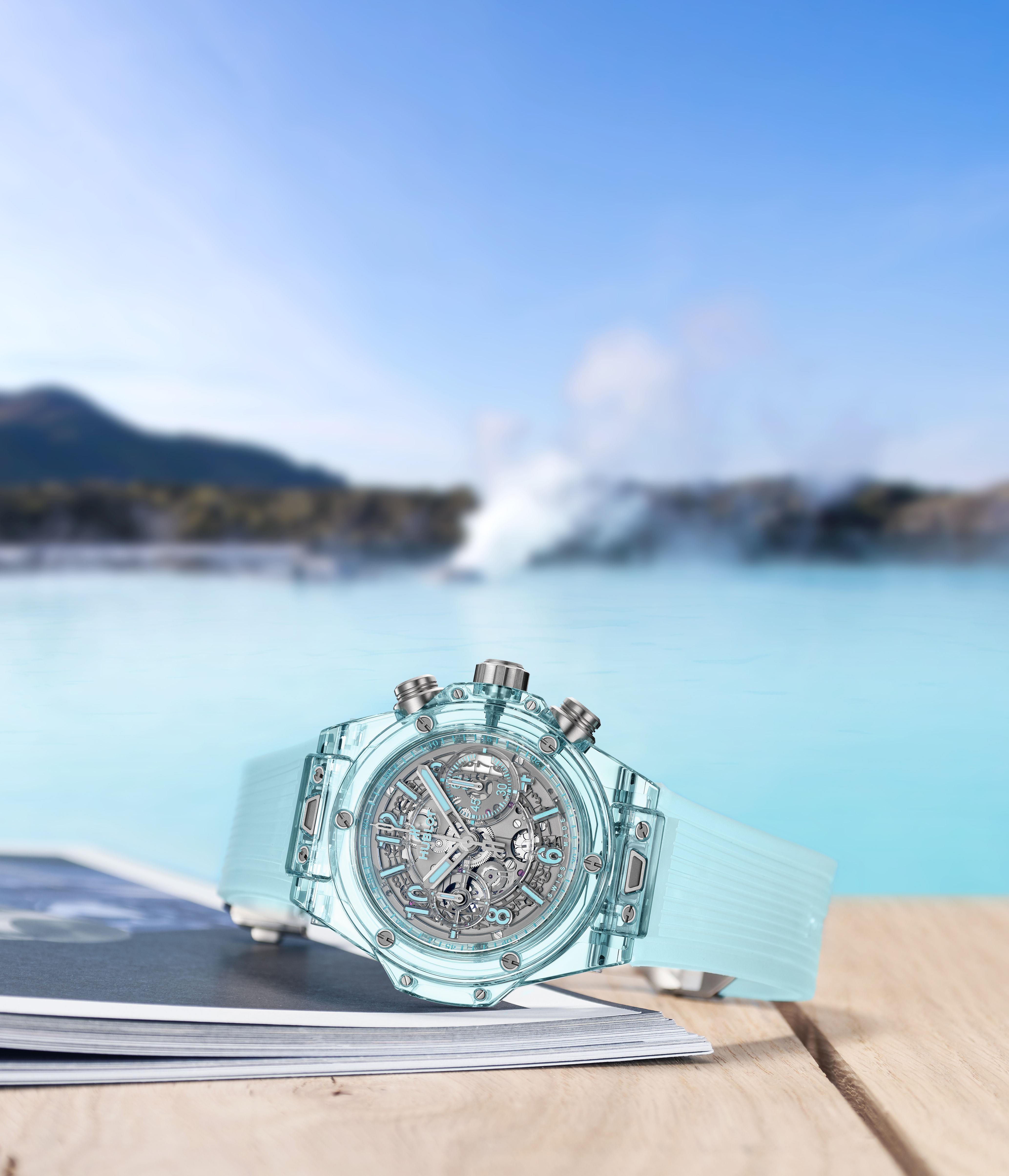 HUBLOT湖水蓝宝石表好梦幻　透明感表壳秀机芯还抗UV 奢侈品牌 图1张